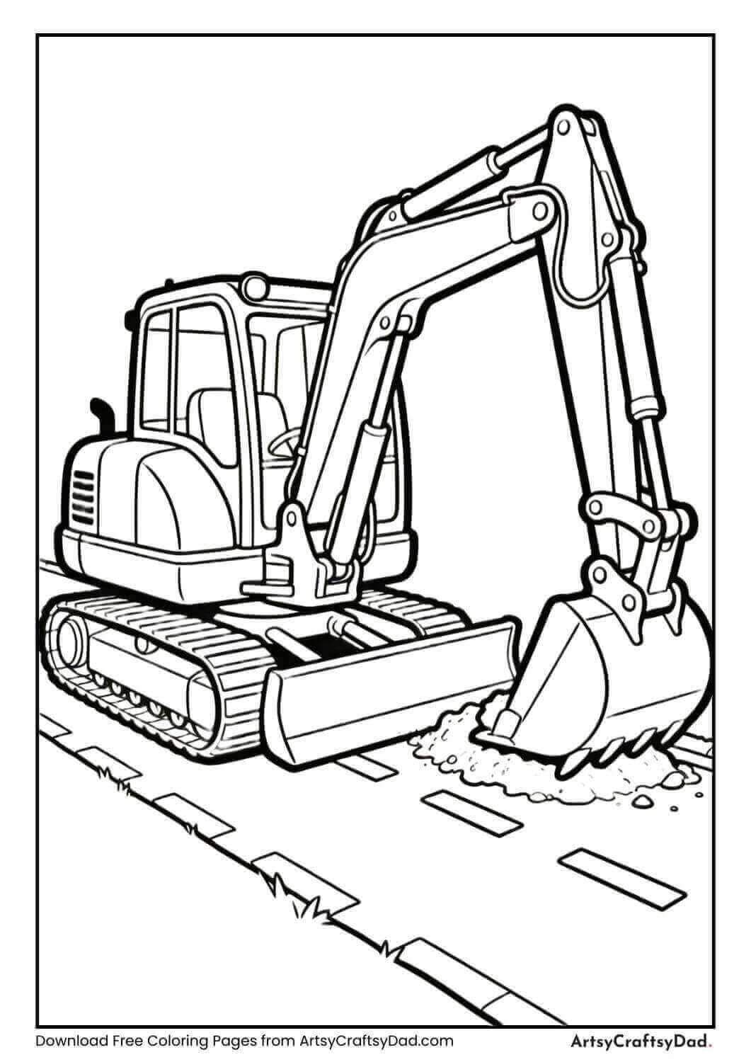 Excavator working on road coloring page for children