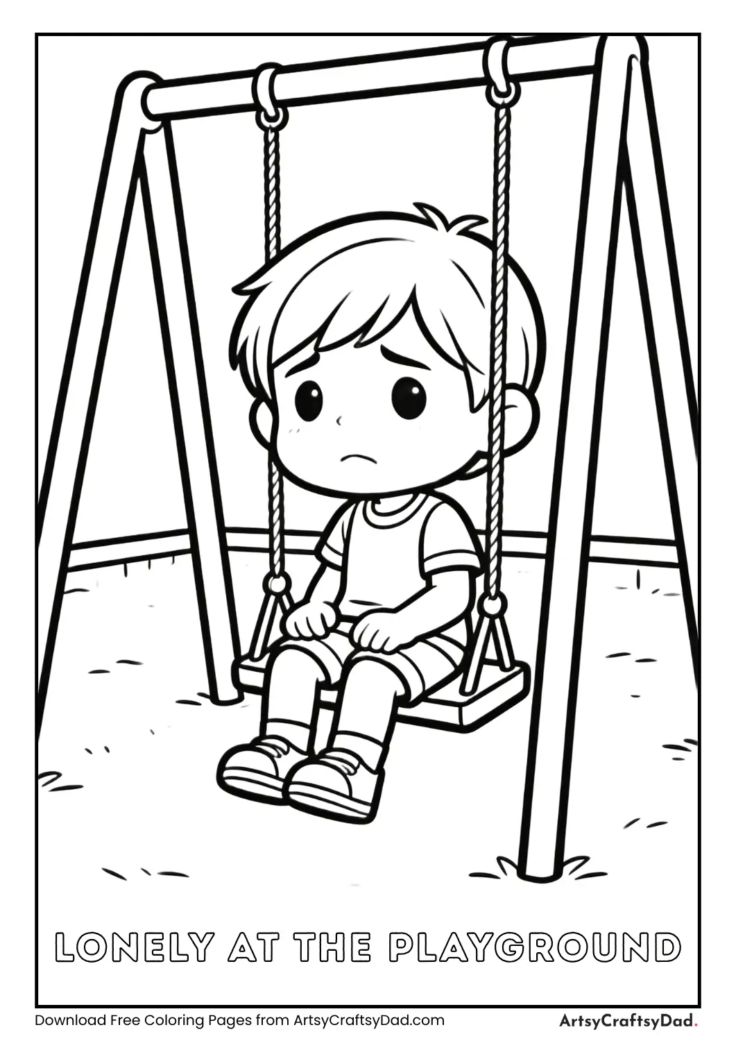 Sad child sitting alone on swing coloring page