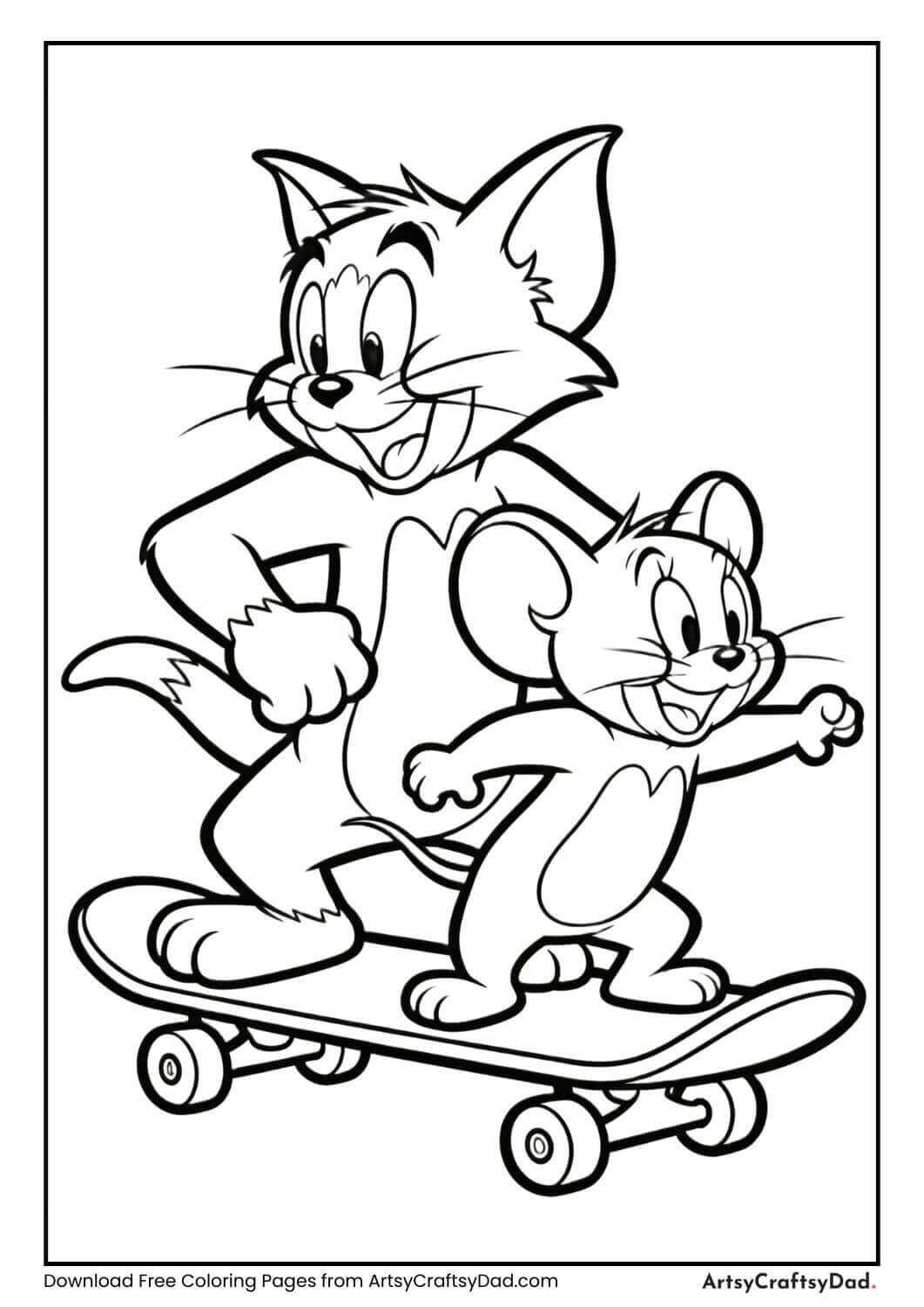 Tom and Jerry riding skateboard coloring page