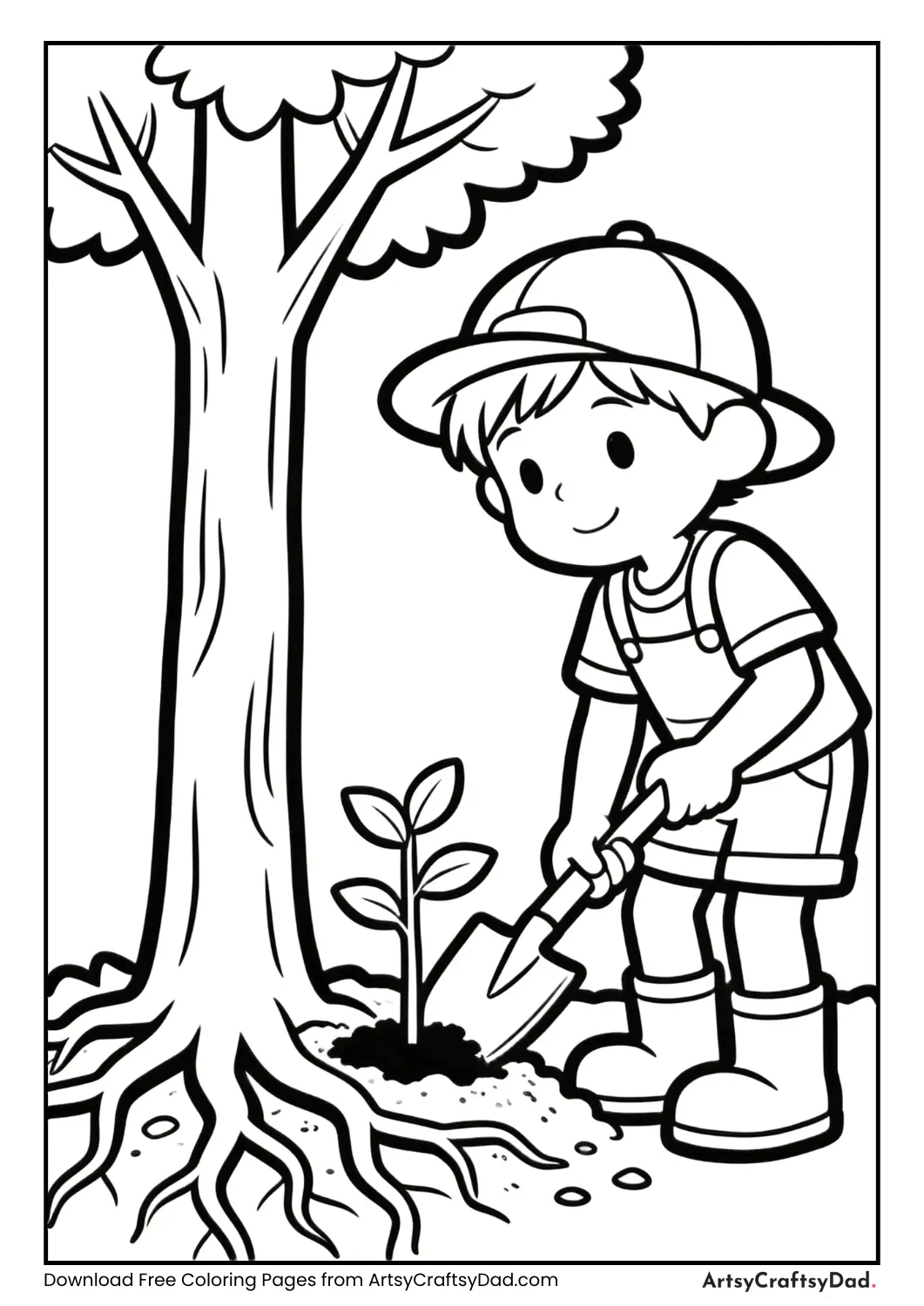 Tree with roots showing and a child planting a seedling