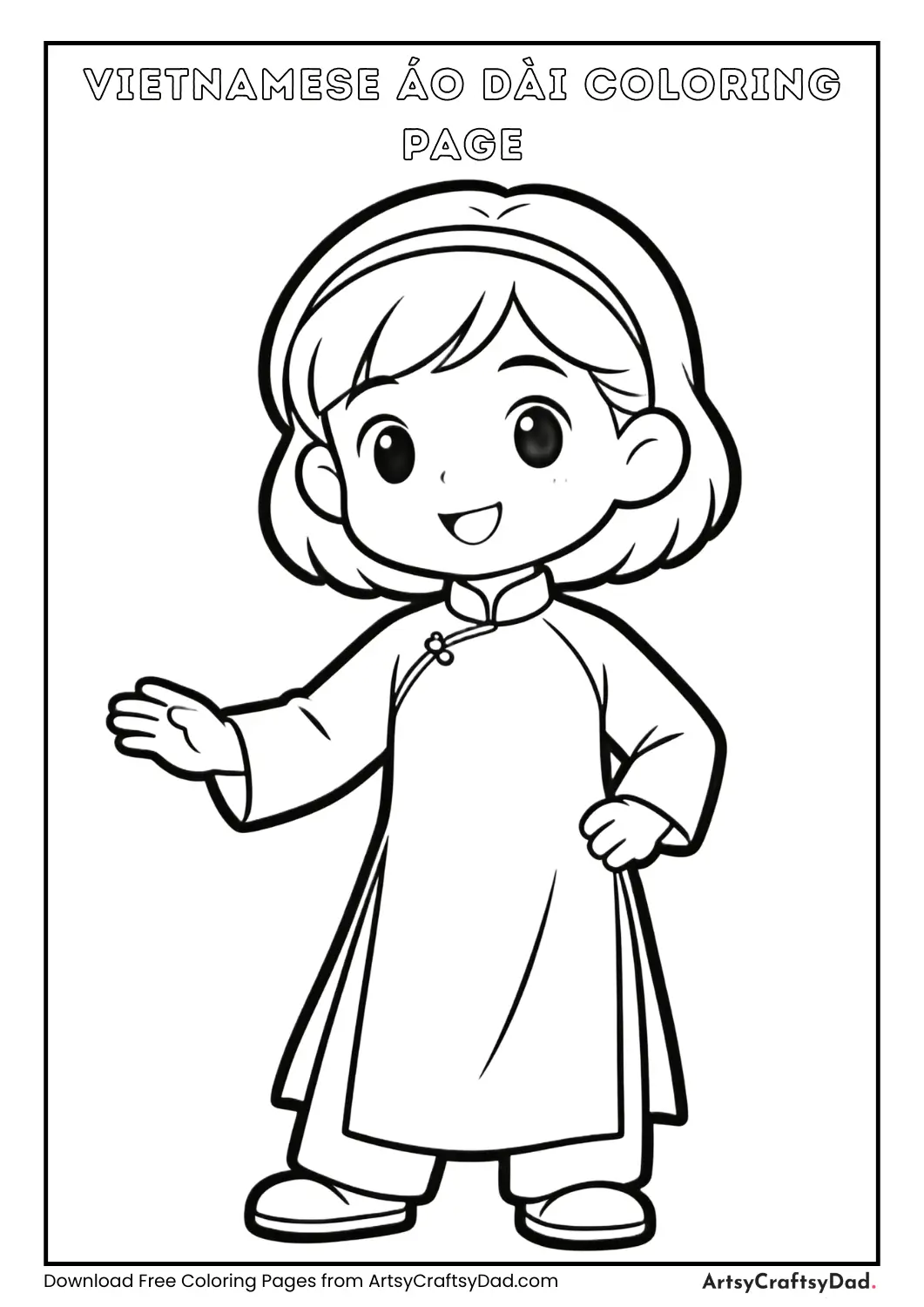 Vietnamese ao dai traditional dress coloring page for kids