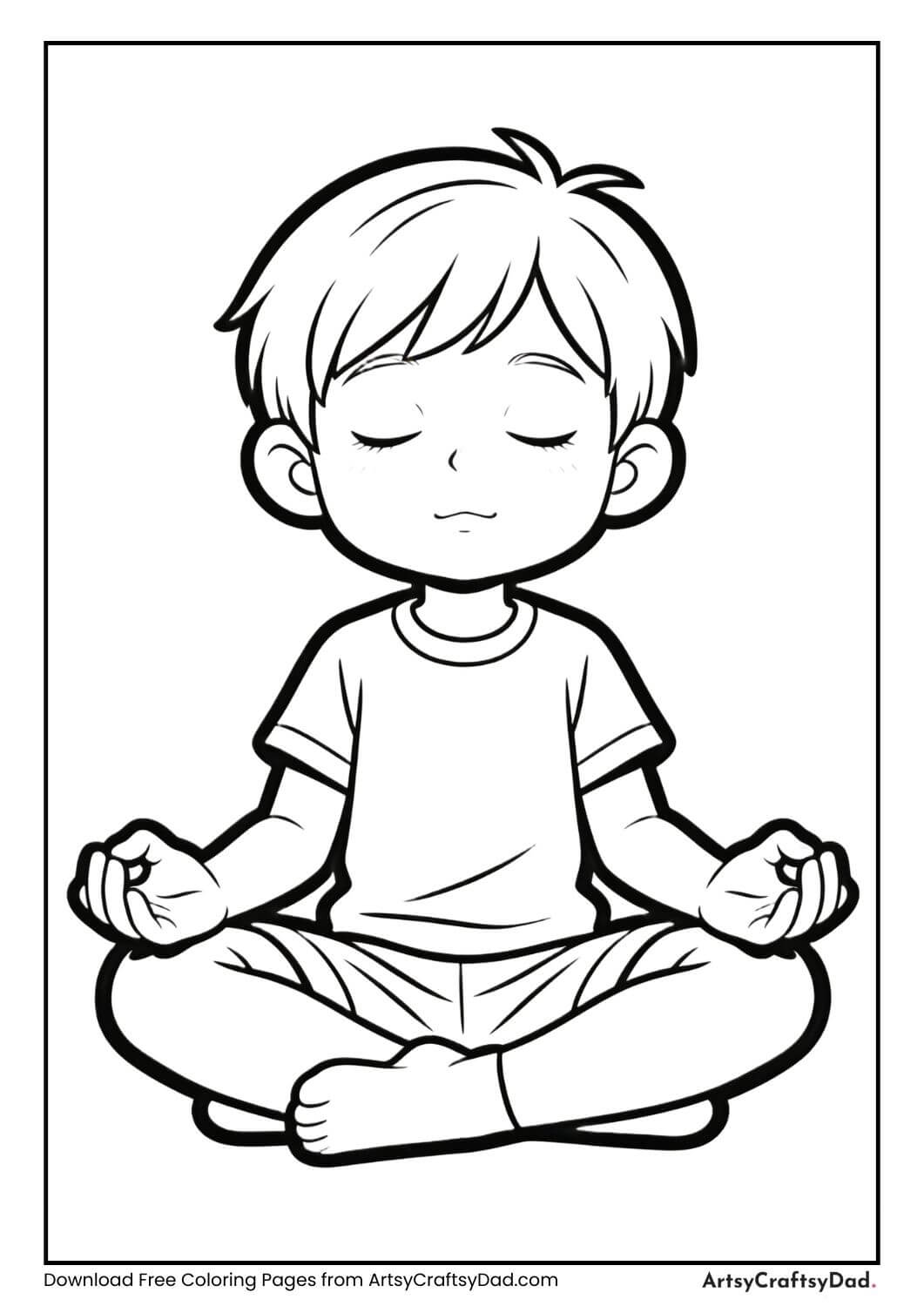 Child practicing breathing yoga coloring page