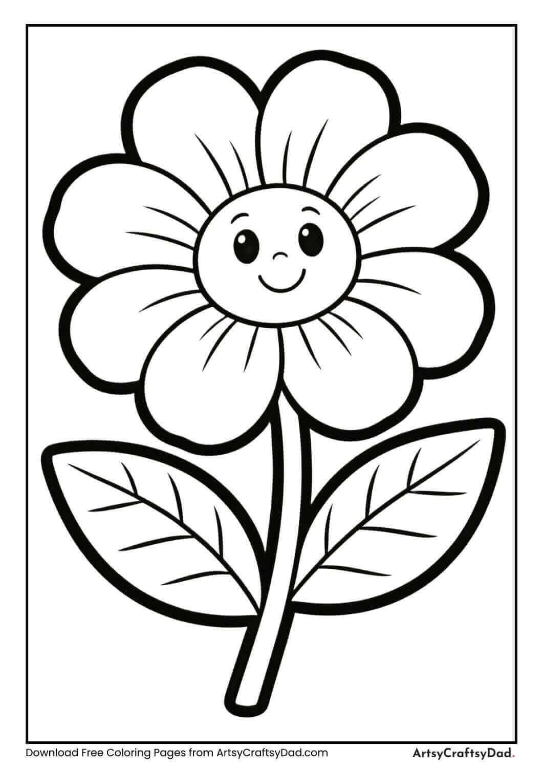 Cartoon style garden flower black and white coloring page