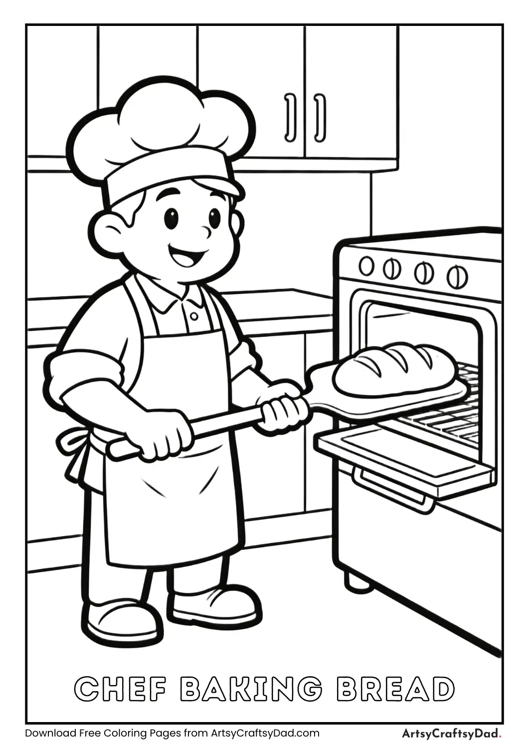 Chef baking bread black and white coloring page