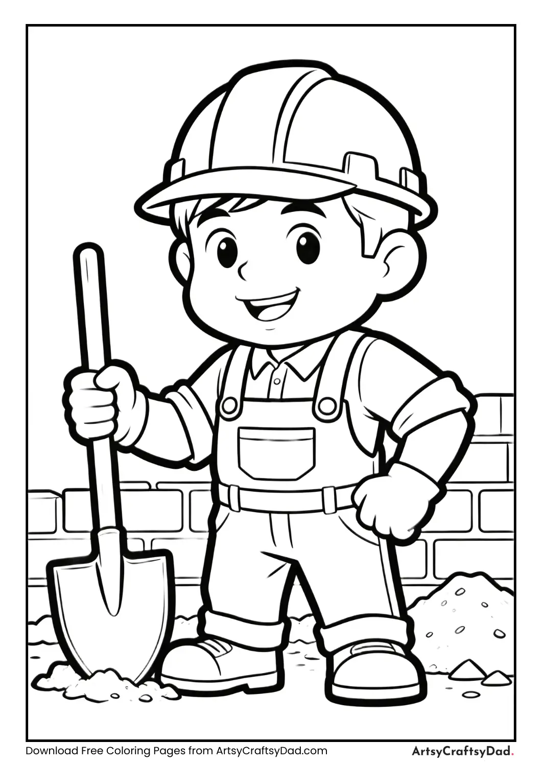 Construction worker community helper black and white coloring page for kids