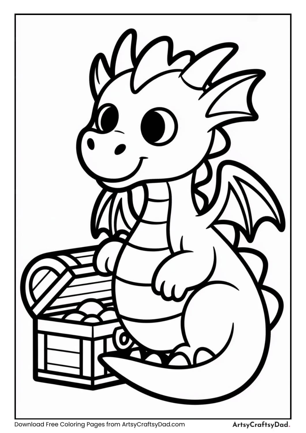 Dragon sitting beside treasure chest black and white coloring page
