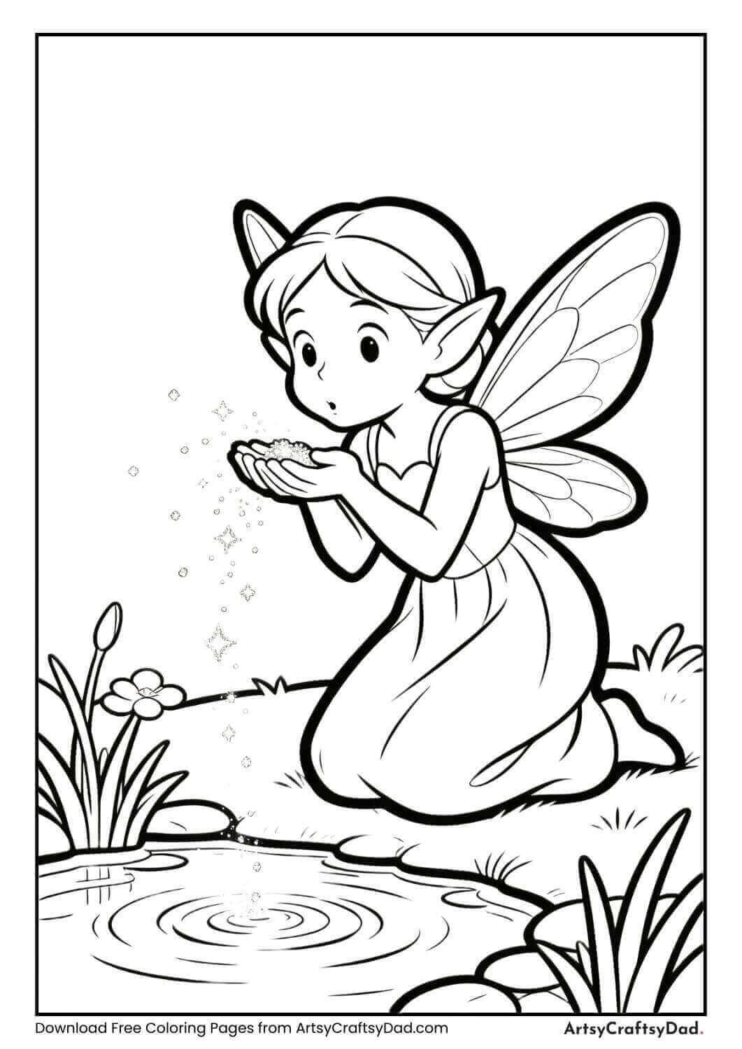 Fairy blowing glitter over a pond