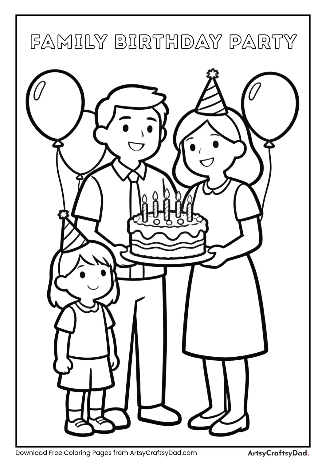 Black and white coloring page of family birthday party