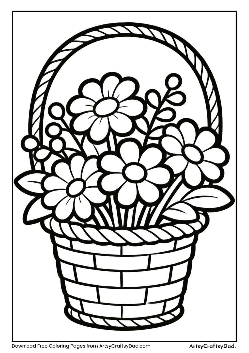 Flower bouquet in basket coloring page for kids