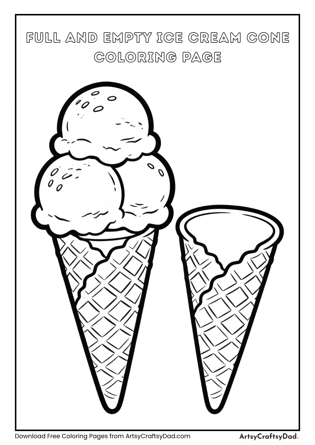 An ice cream cone with ice cream and an empty cone for coloring.