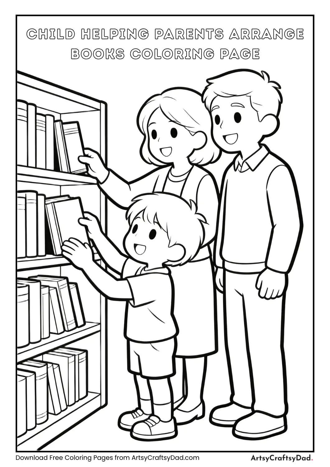 Child helping parents arrange books coloring page
