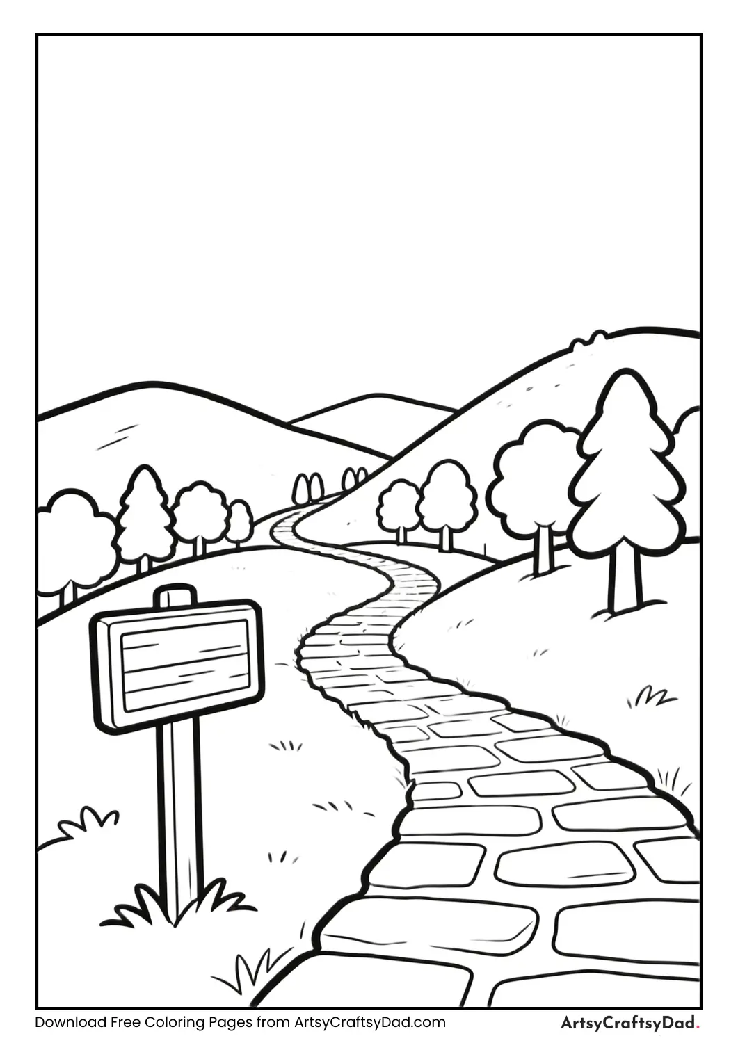 Coloring page of a walking trail in a hill station with trees and signboards.