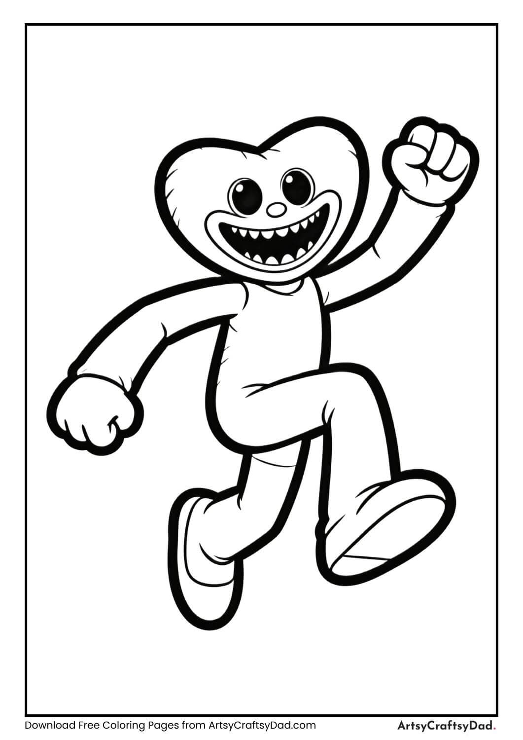 Huggy Wuggy jumping in the air black and white coloring page