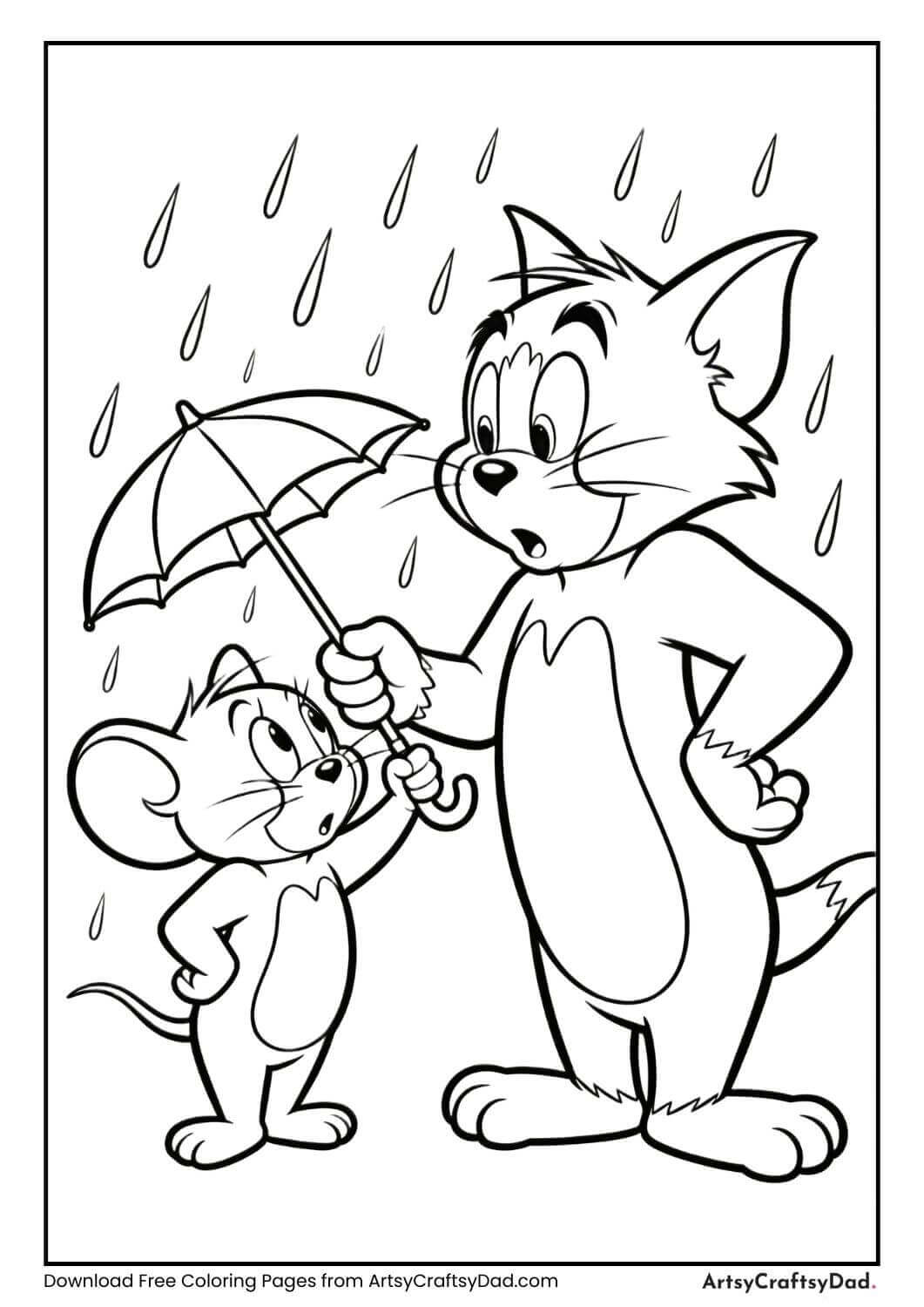 Jerry with umbrella Tom watching coloring page