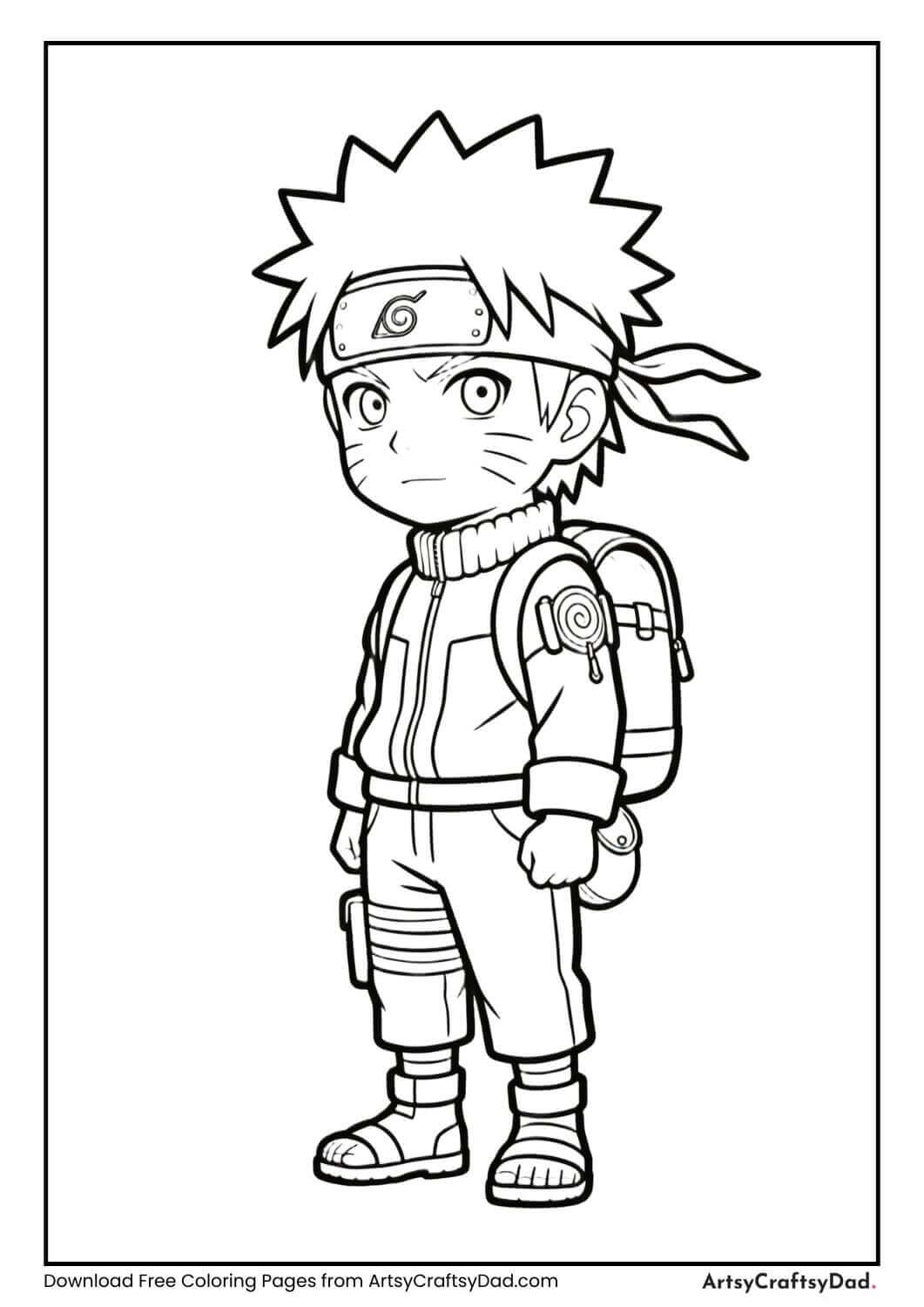 Naruto wearing a ninja backpack, black and white coloring page