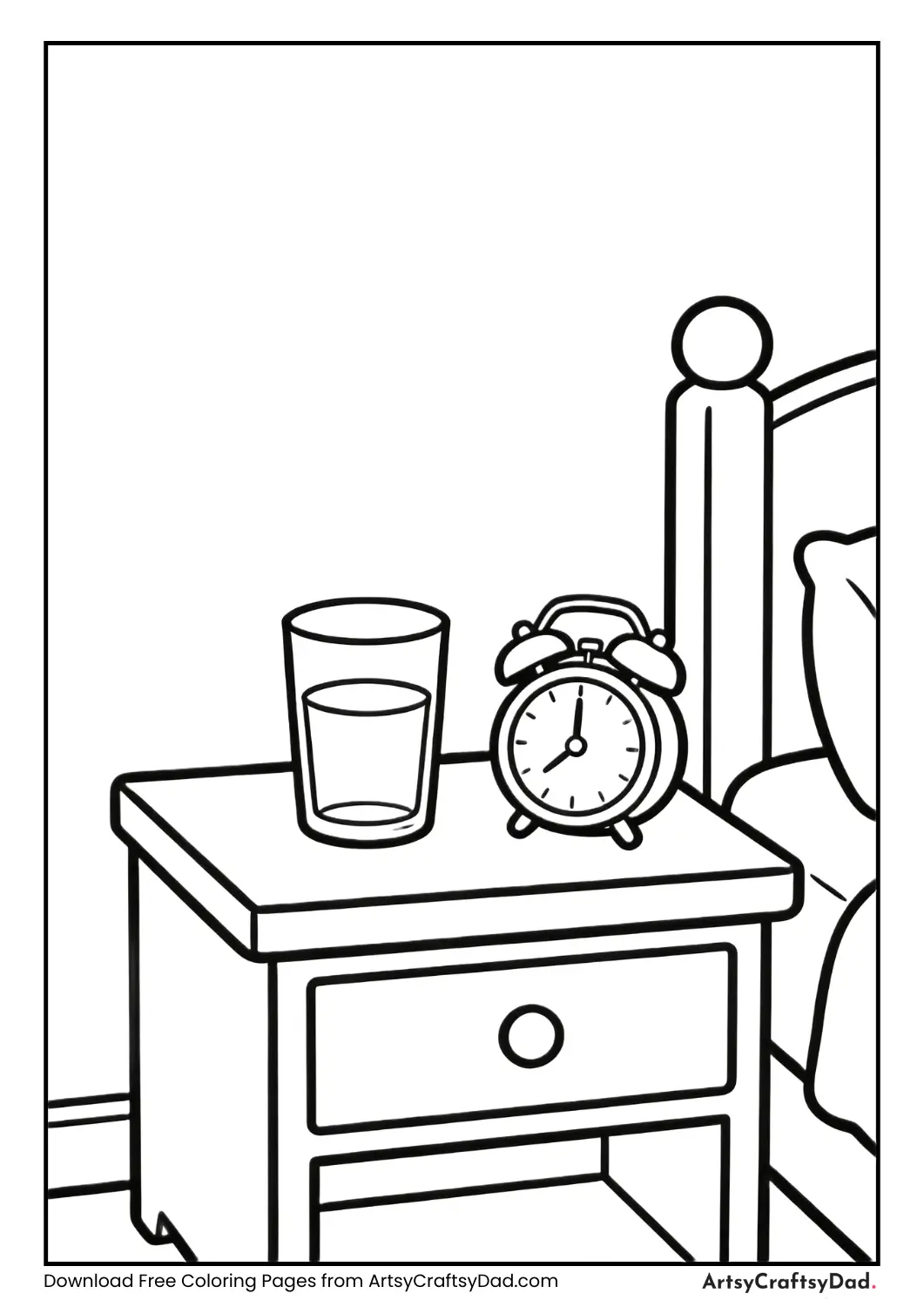 Nightstand with clock and water coloring page