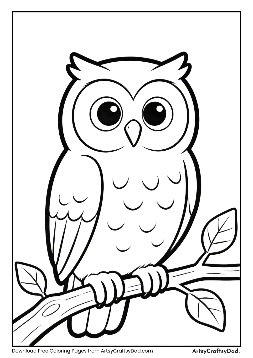 Owl sitting on branch with leaves black and white coloring page