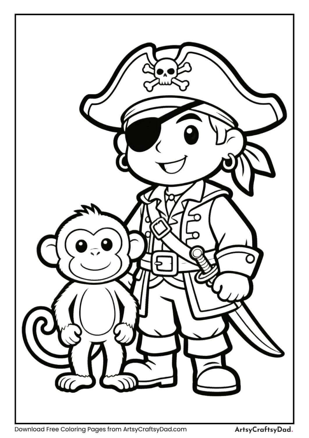 Pirate standing with a pet monkey coloring page