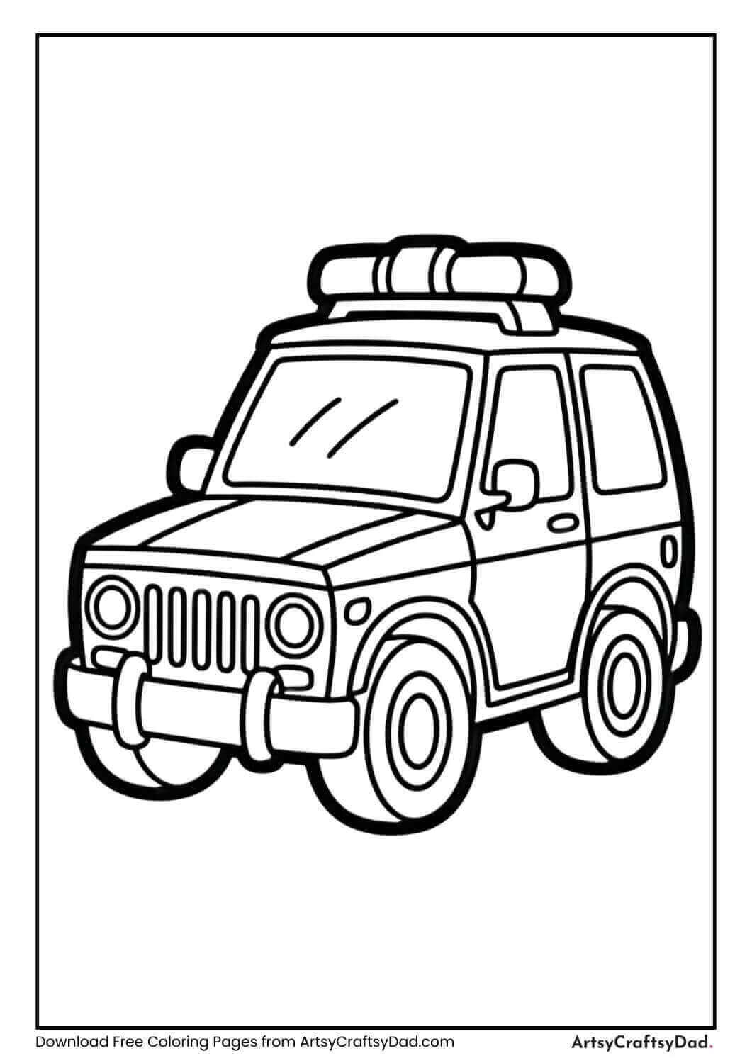 Police jeep black and white coloring page