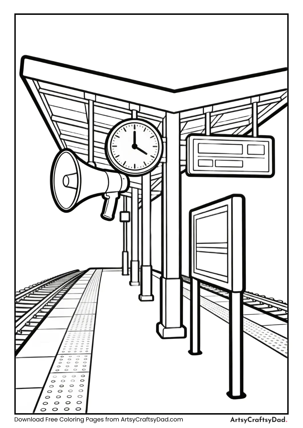 Railway station loudspeaker and clock coloring page