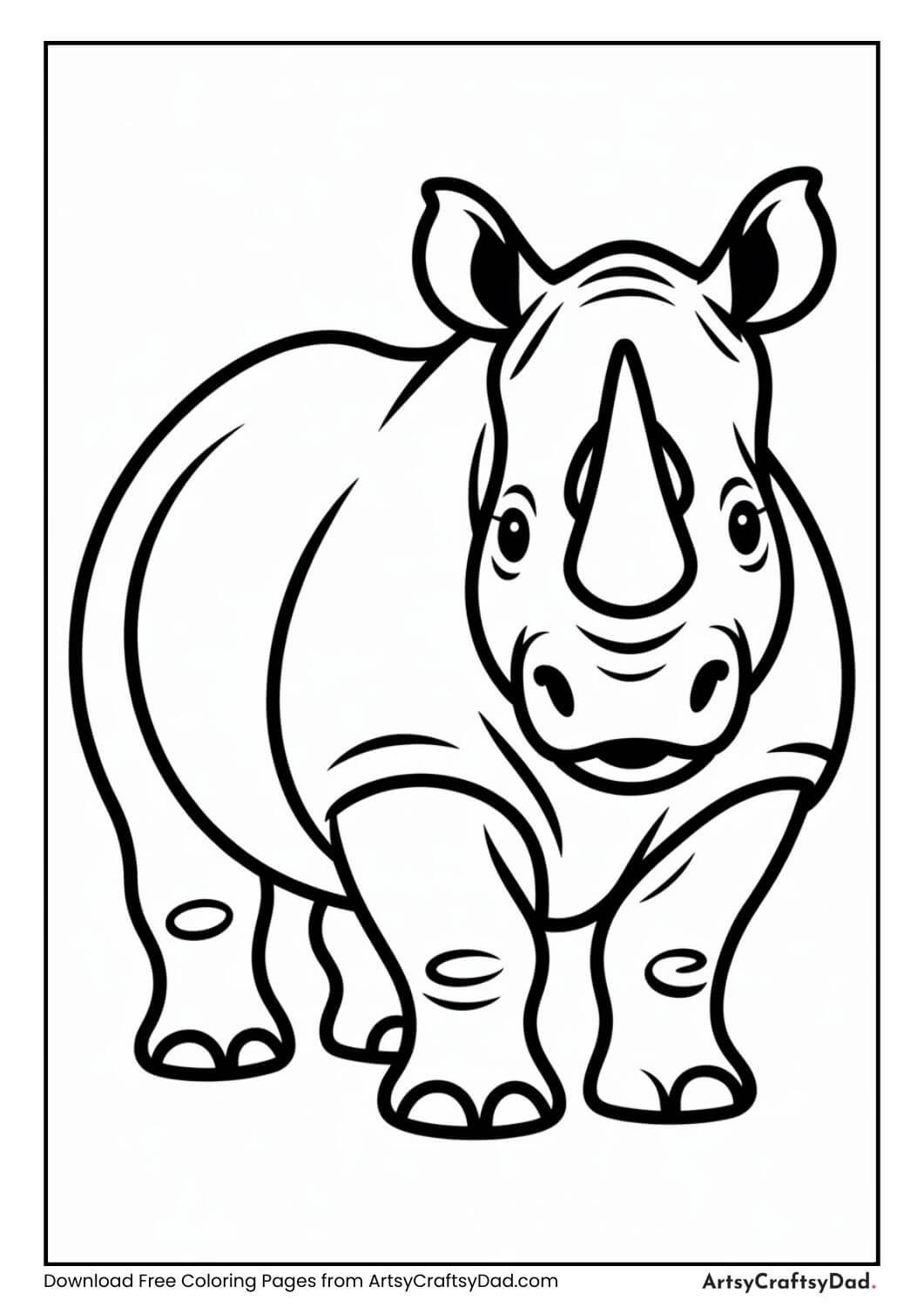 Black and white rhino zoo animal coloring page for kids