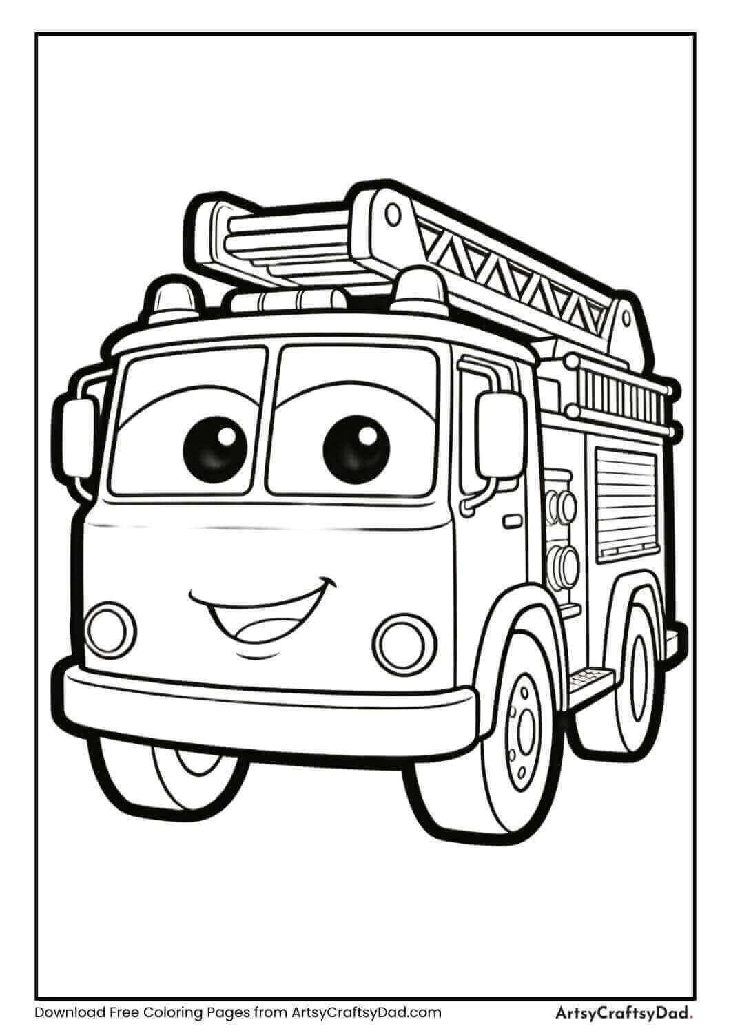 Smiling fire truck cartoon coloring page