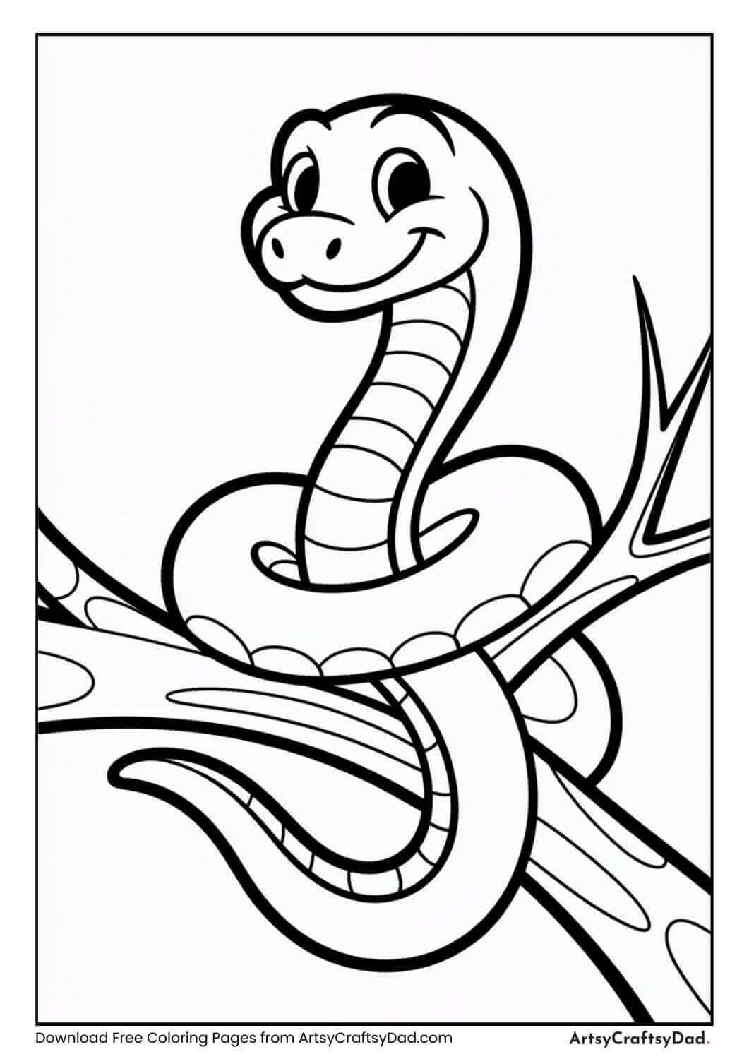 Snake coiled around jungle tree branch coloring page.