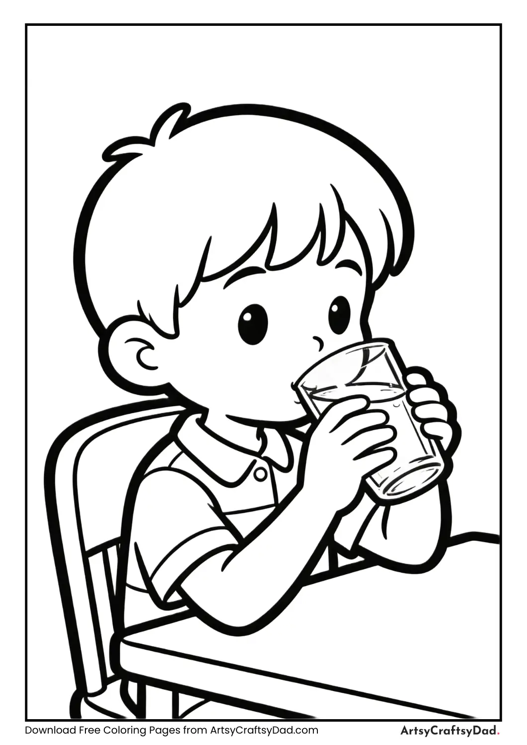 Child drinking water carefully coloring page