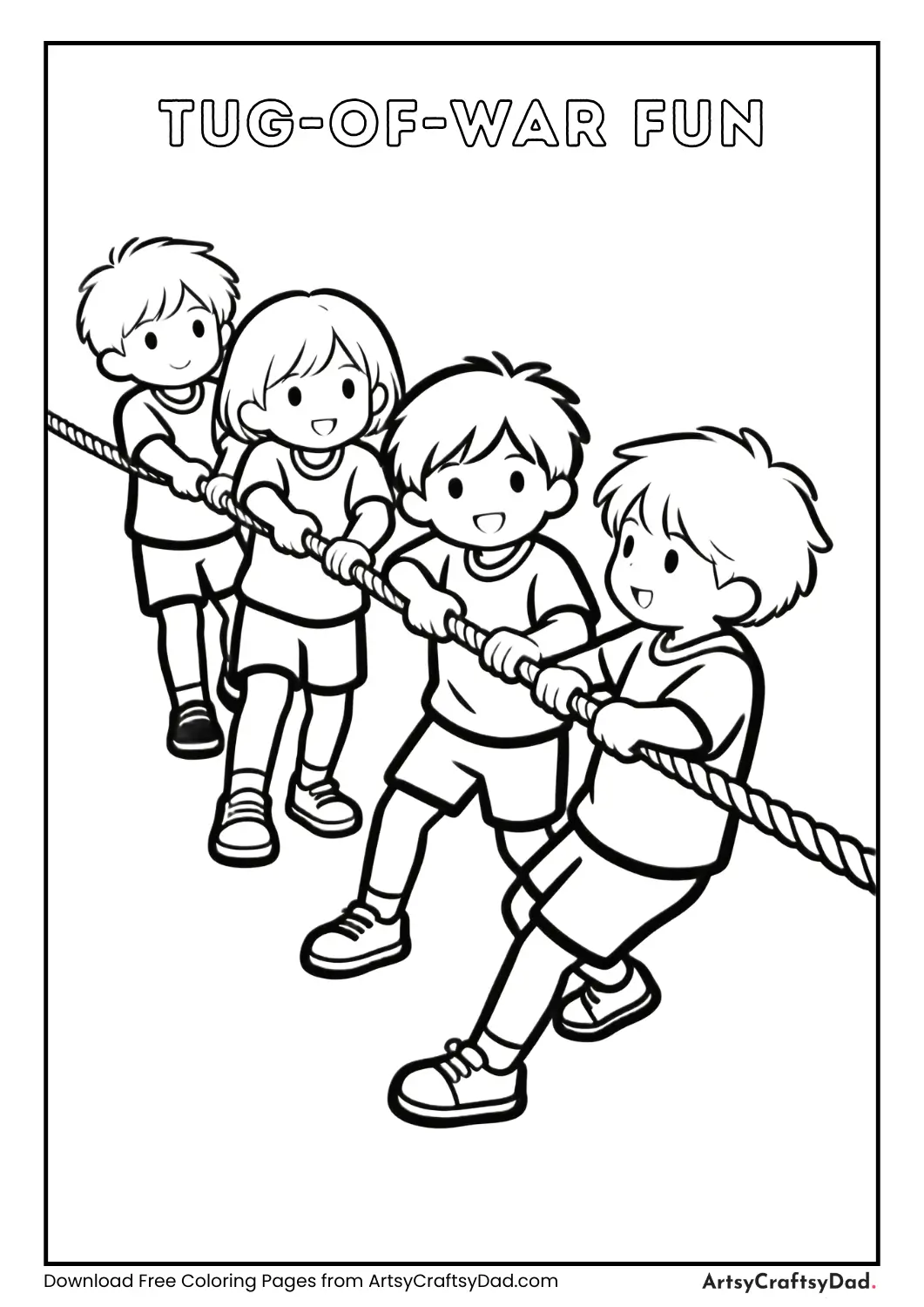 Children playing tug-of-war as a team.