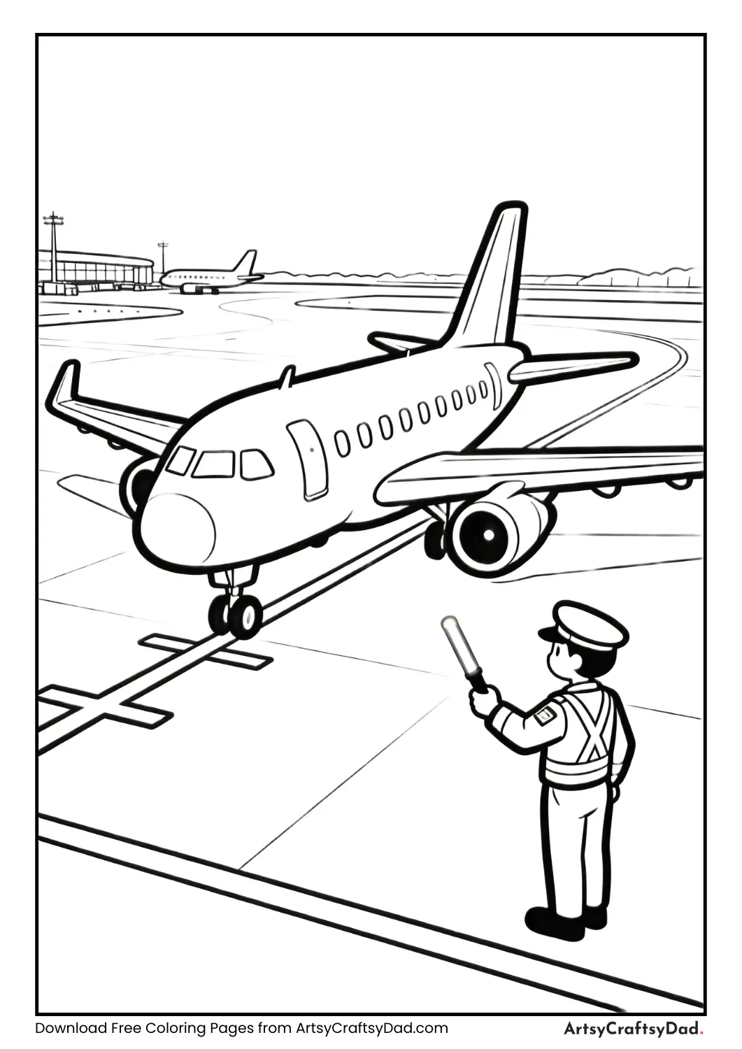 Airport ground staff guiding airplane coloring page
