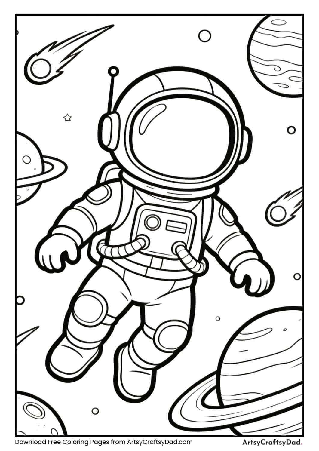 Astronaut floating with planets and comets