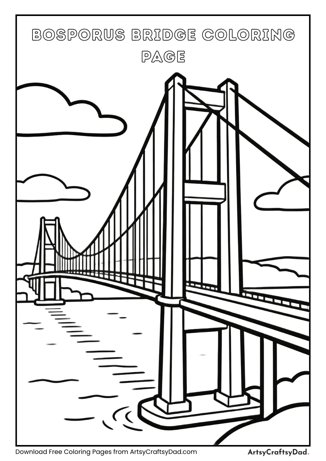 Simple black-and-white outline of Bosporus Bridge for kids