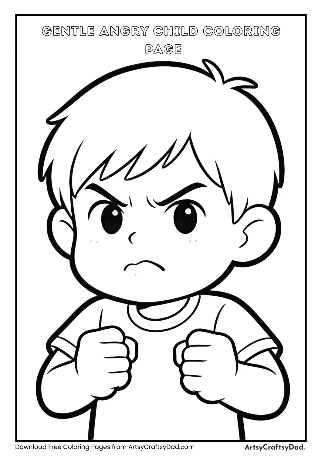 Black and white coloring page of a calm-looking angry child