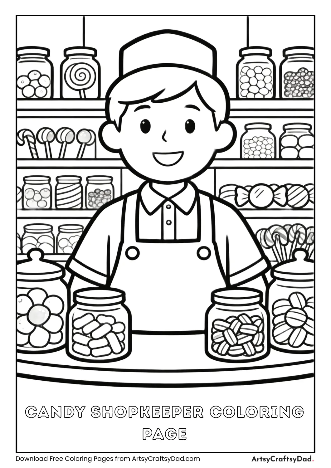 Candy shopkeeper black and white coloring sheet