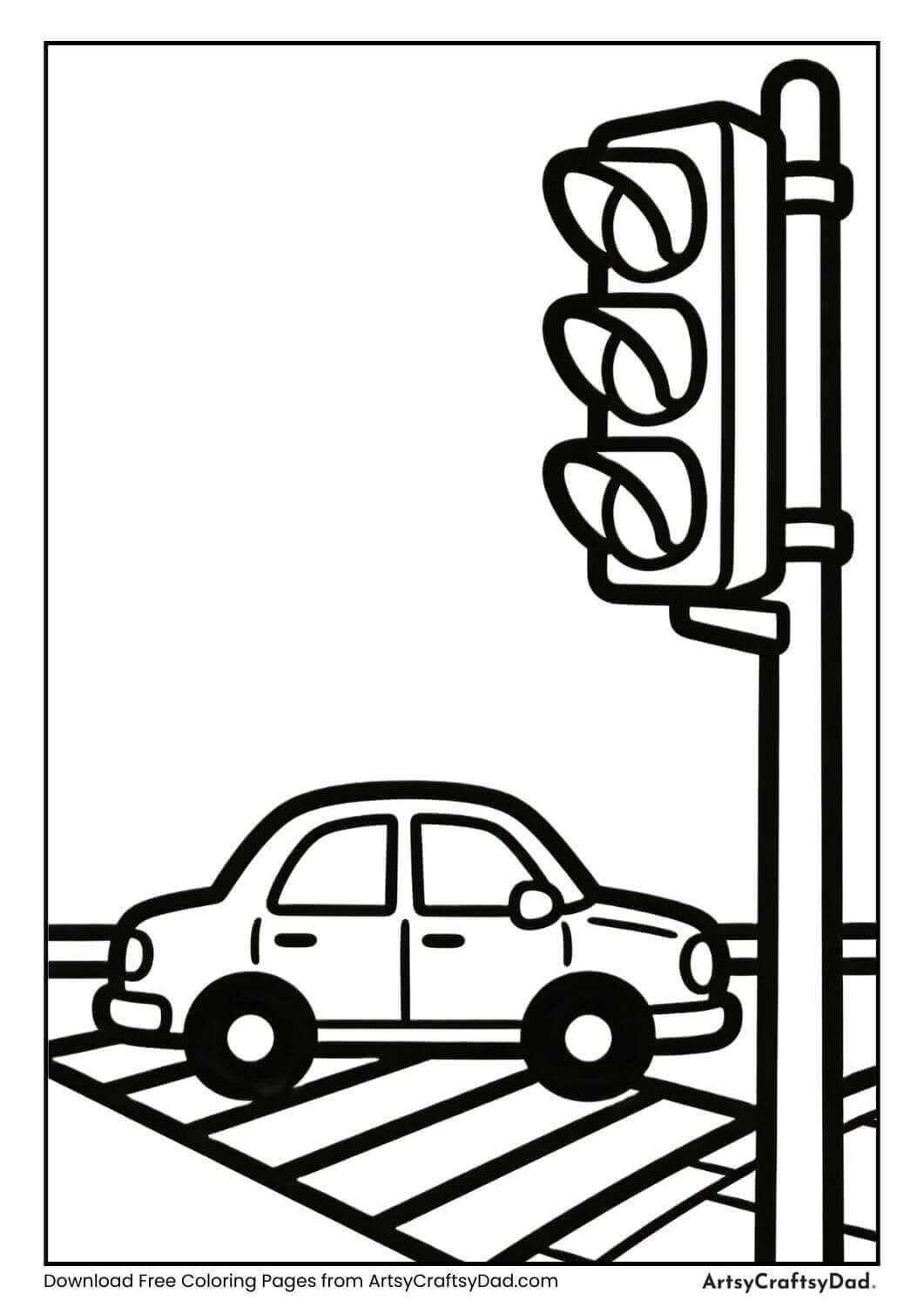 Car at traffic signal black and white coloring page