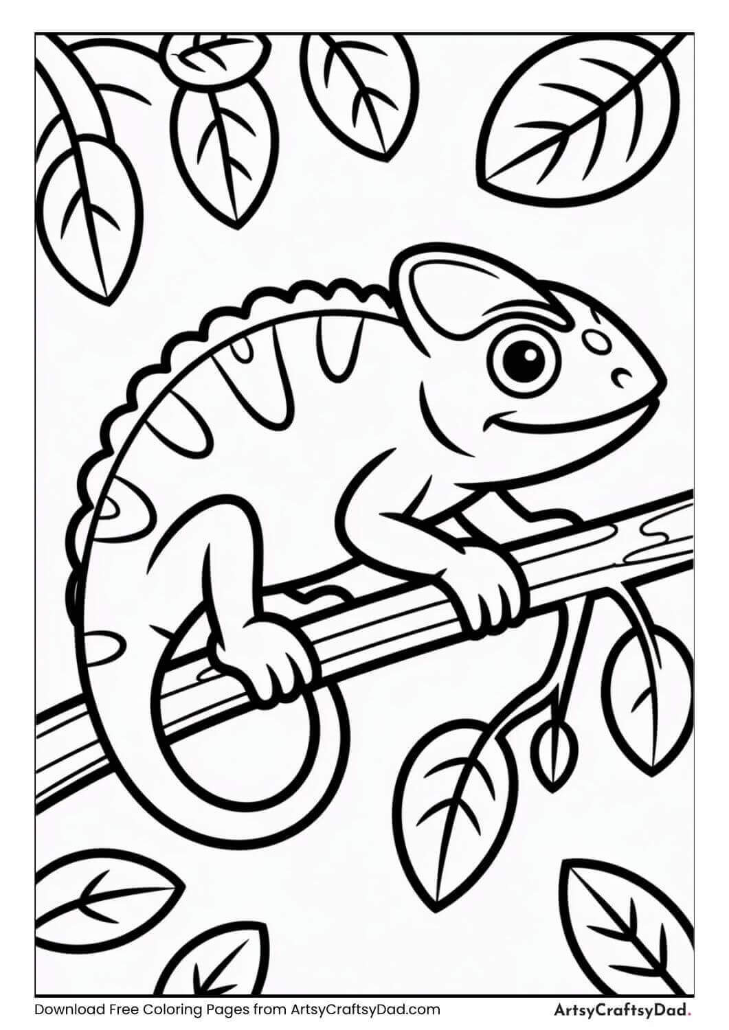 Chameleon sitting on jungle leaf black and white coloring page