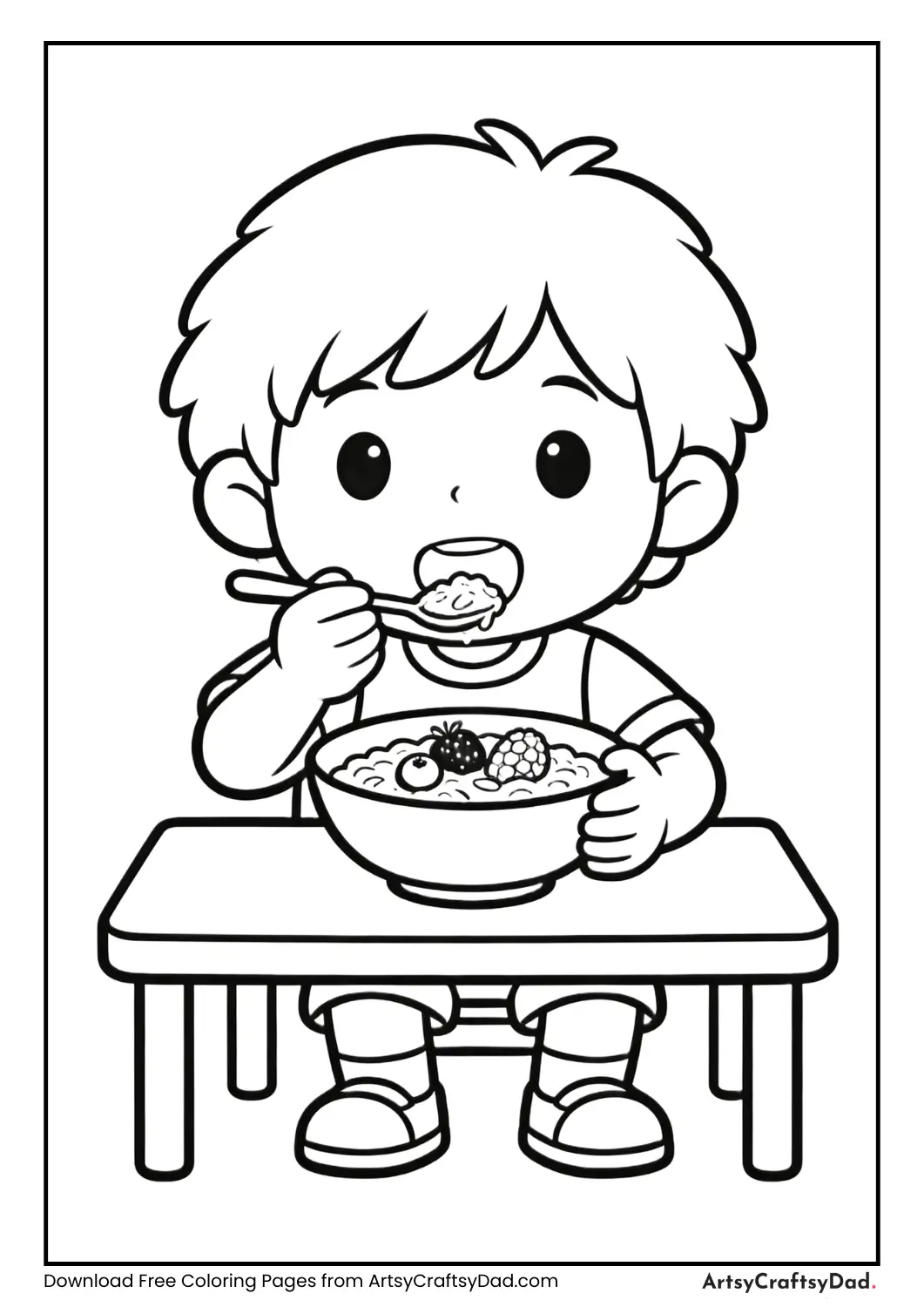 Child eating oatmeal with fruits