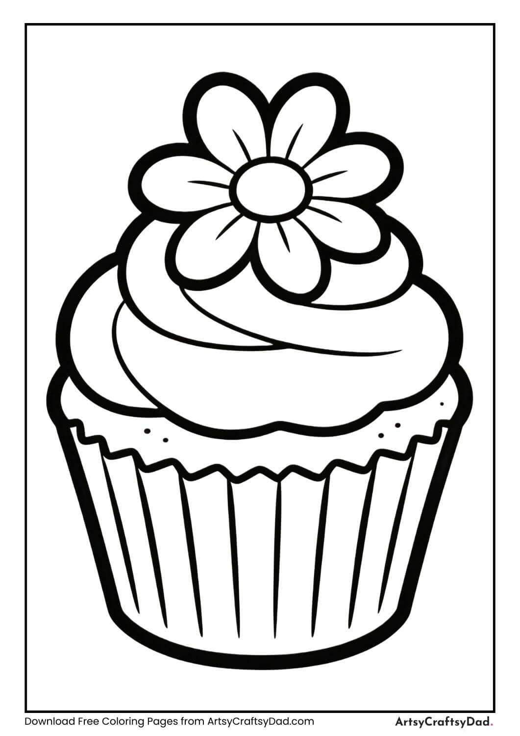 Cupcake with floral decoration on frosting black and white coloring page
