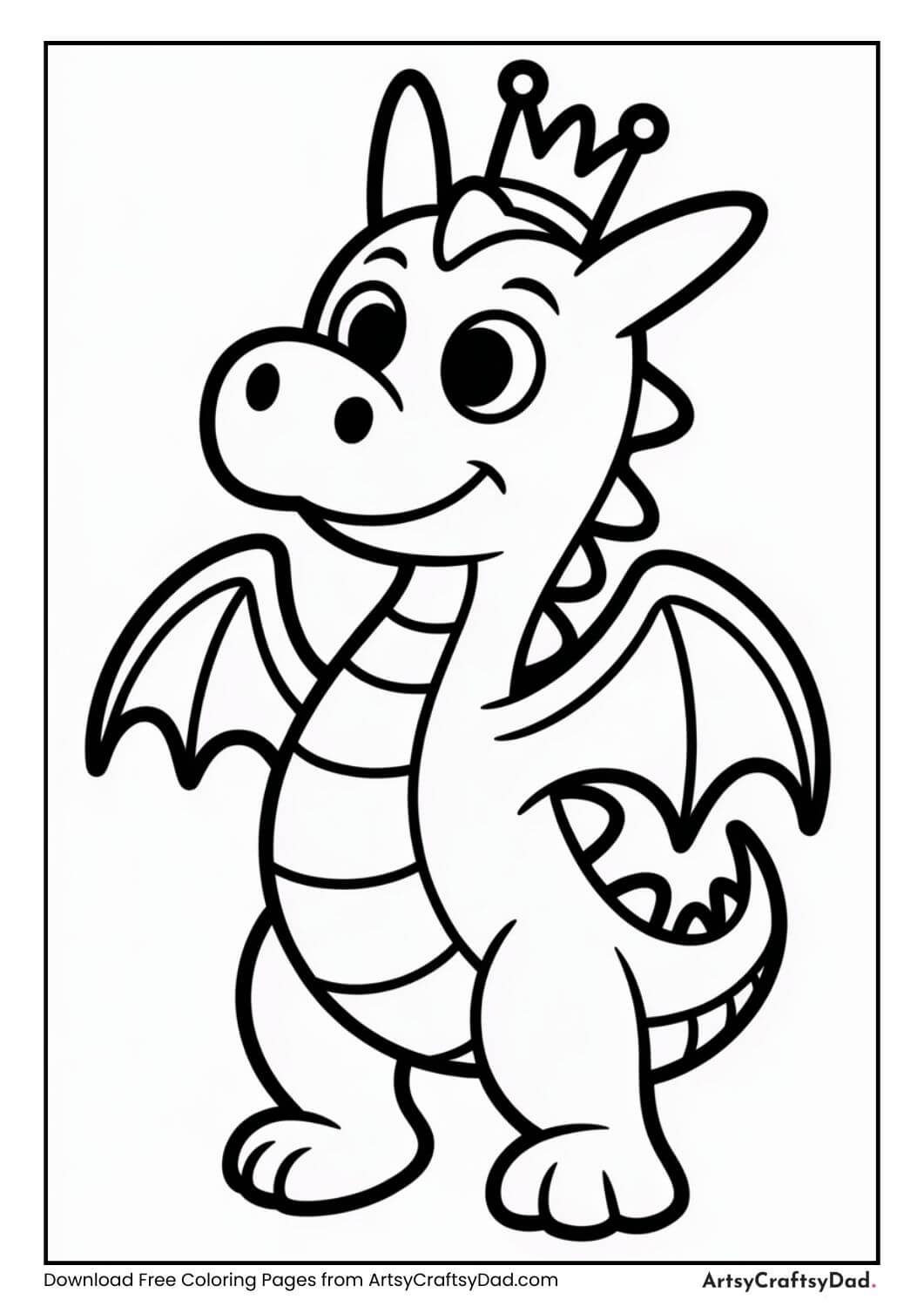 Dragon wearing crown black and white coloring page