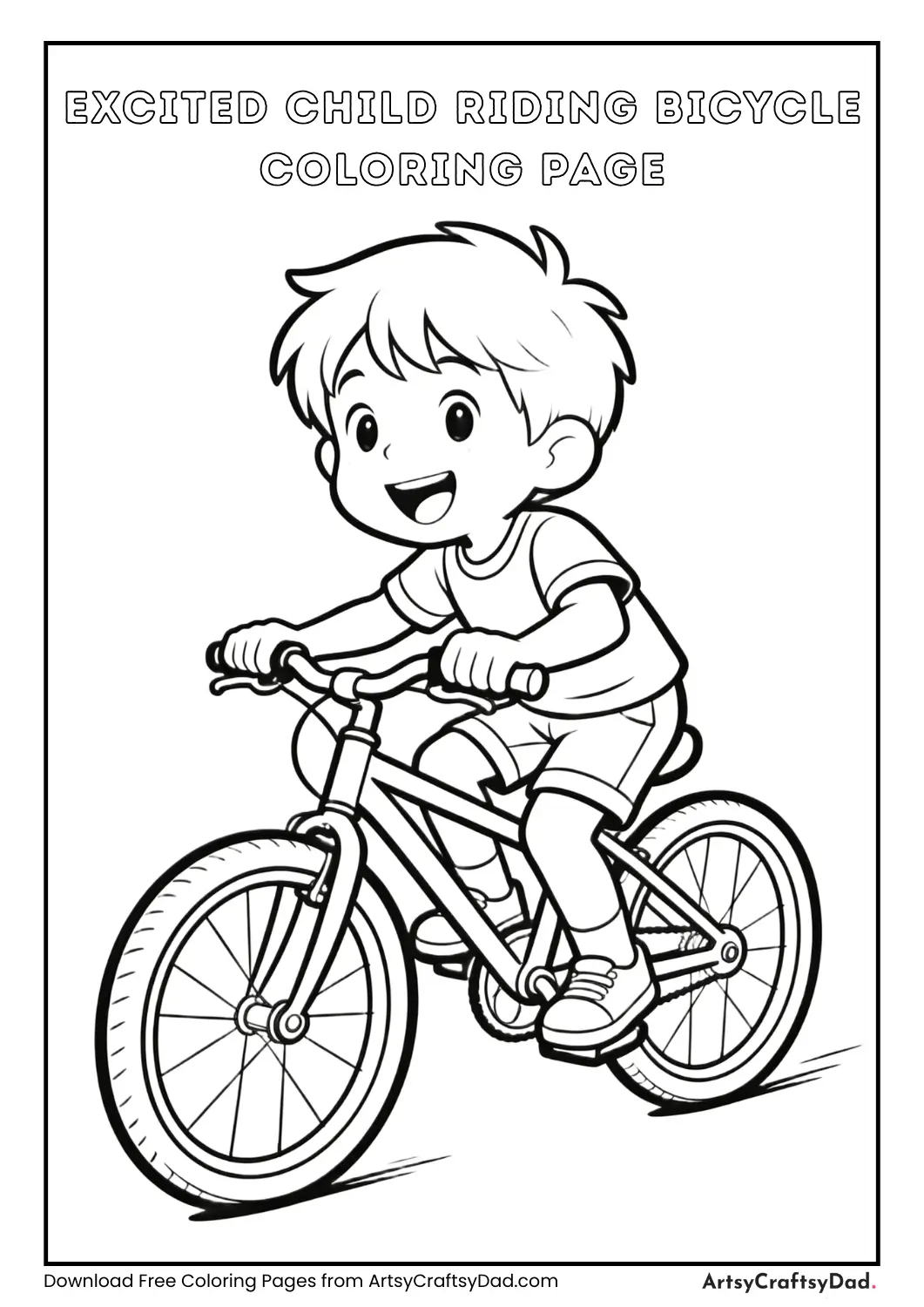 Excited child riding bicycle coloring page