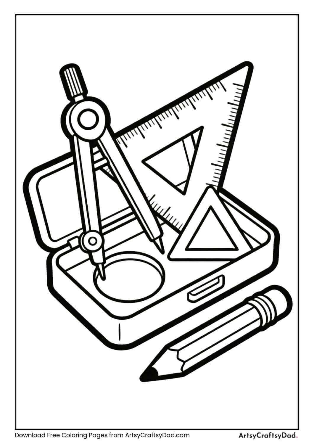 Black and white coloring page of a geometry box with ruler, compass, and pencil