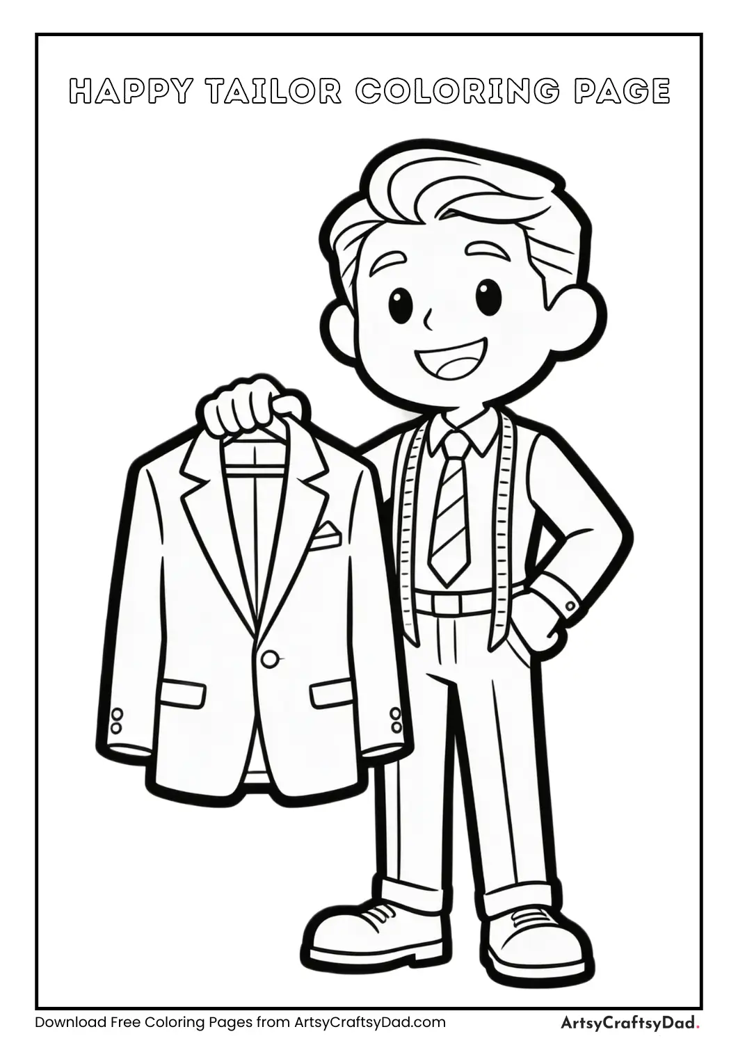 Cartoon tailor holding finished clothes coloring page