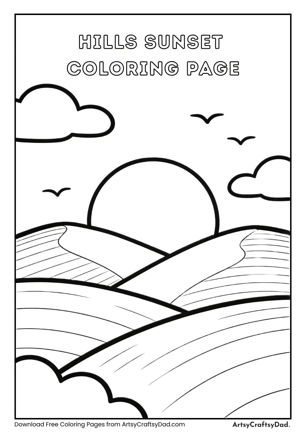 Sunset behind hills coloring page