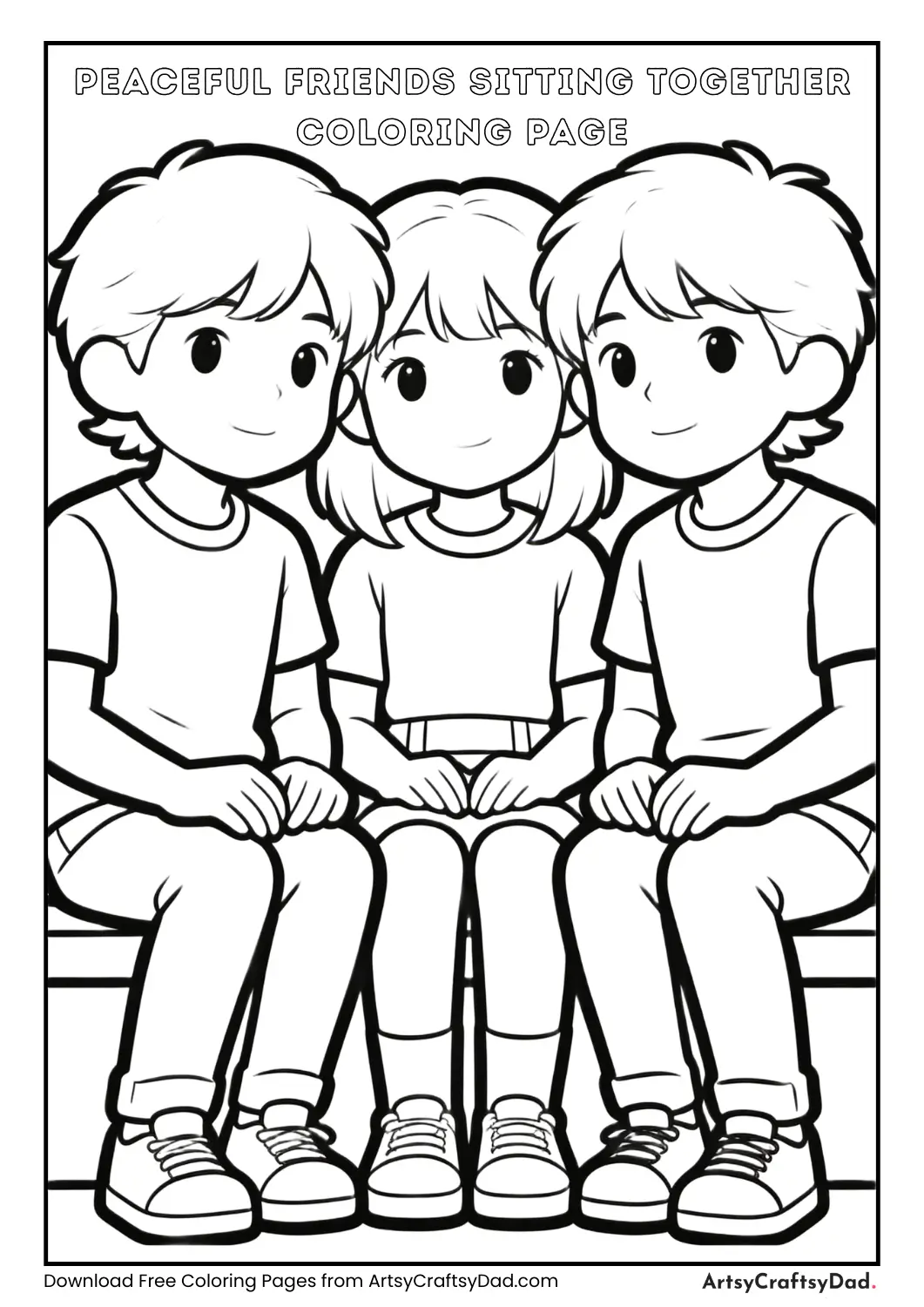 Black and white coloring page of friends sitting quietly