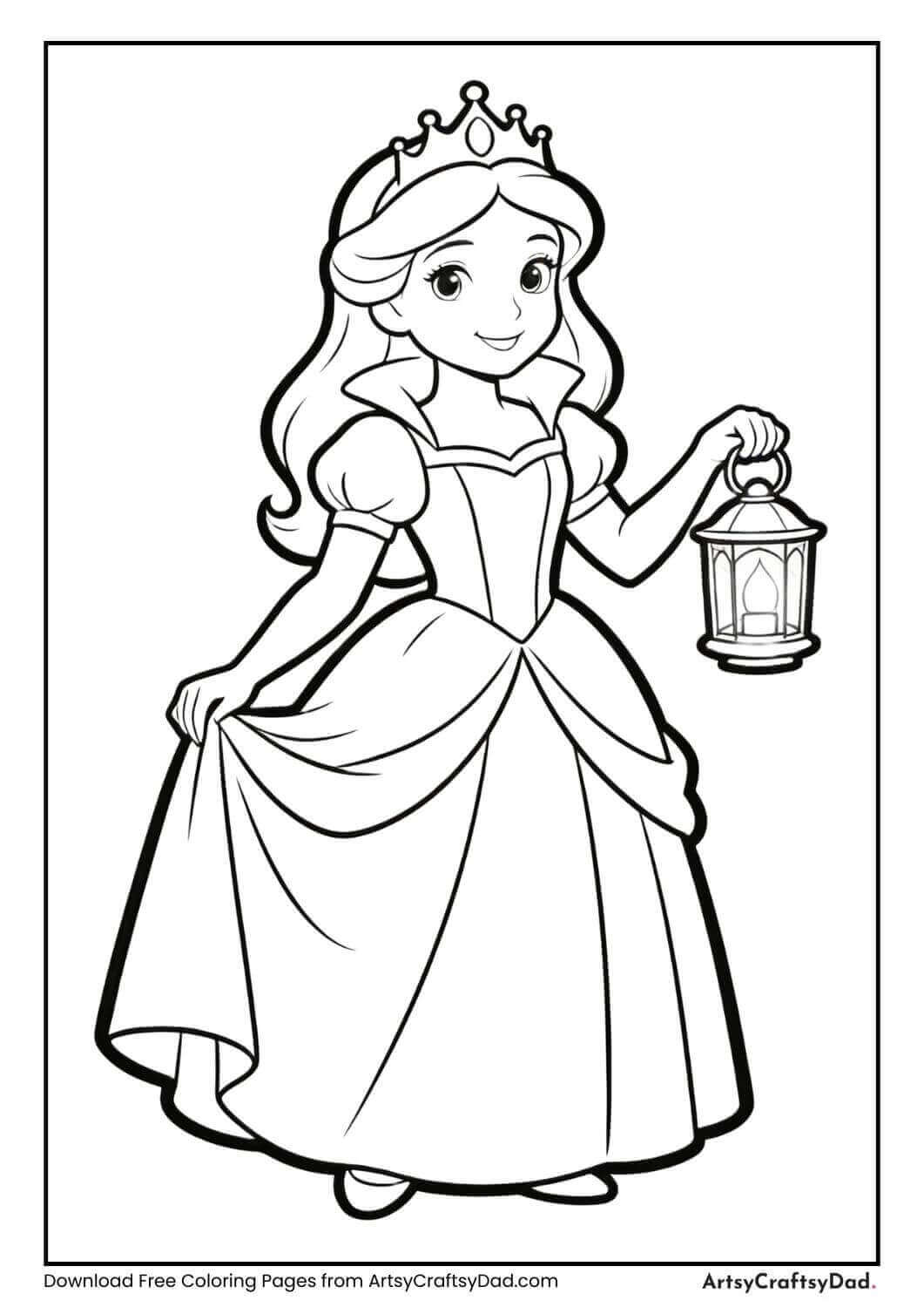 Princess holding a lantern coloring page