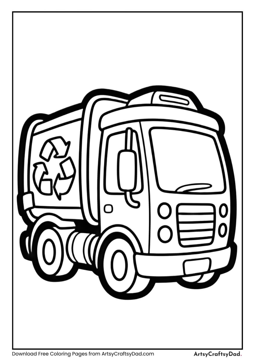Recycling truck black and white coloring page for kids