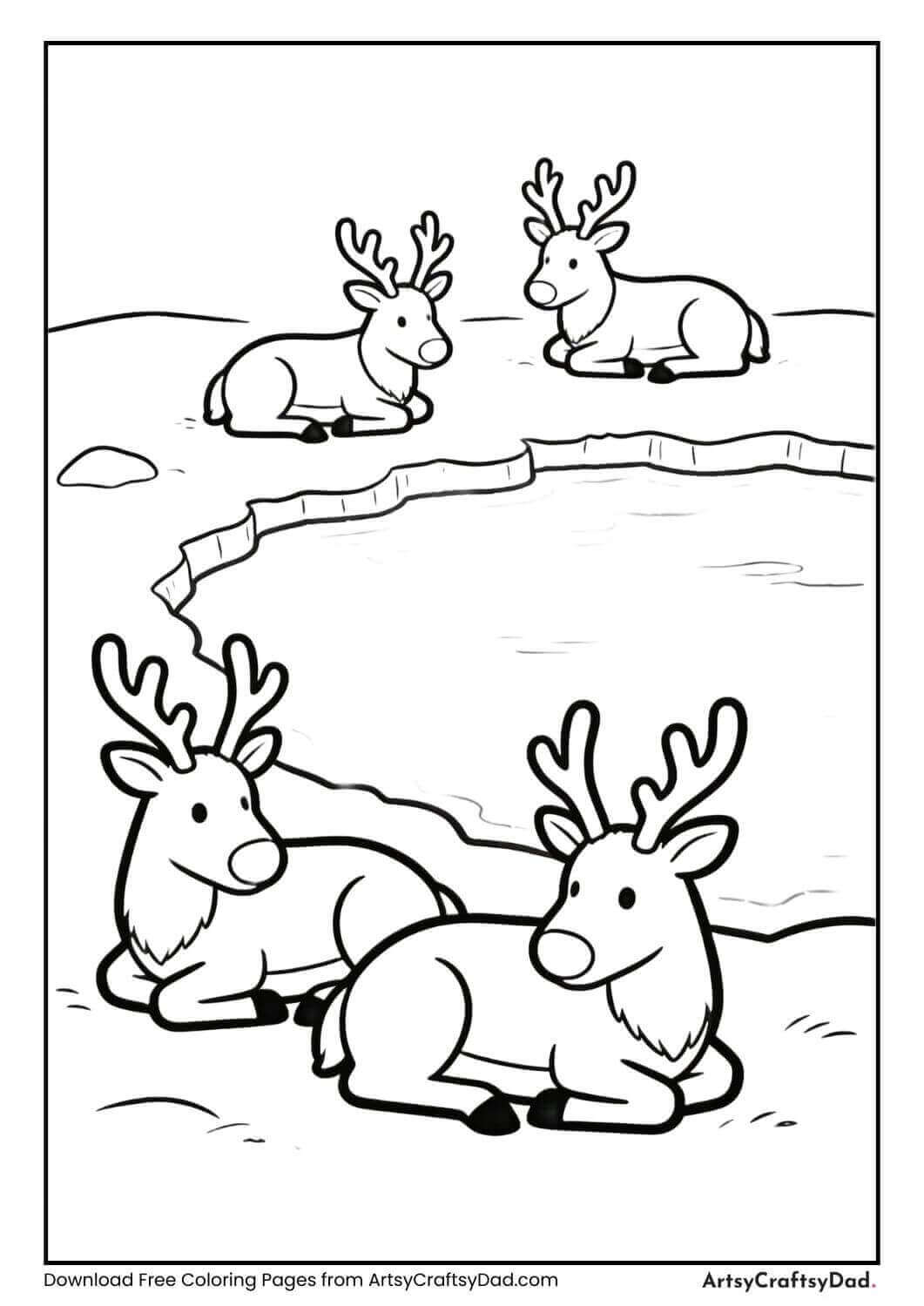 Reindeer resting near a frozen North Pole pond