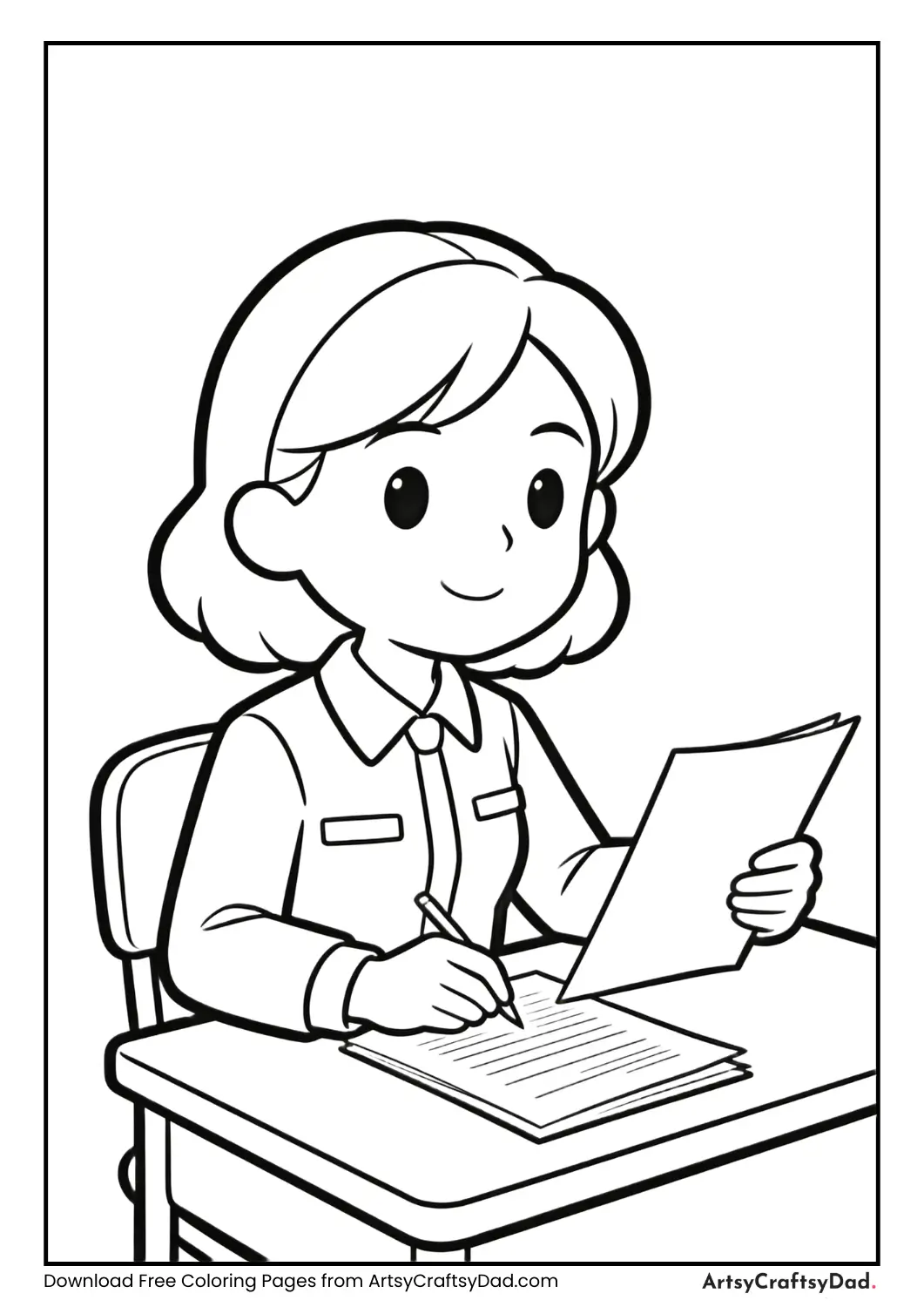 Teacher reviewing exam papers at desk