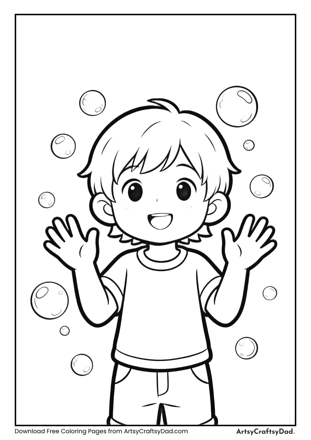 Child hands with soap bubbles floating.
