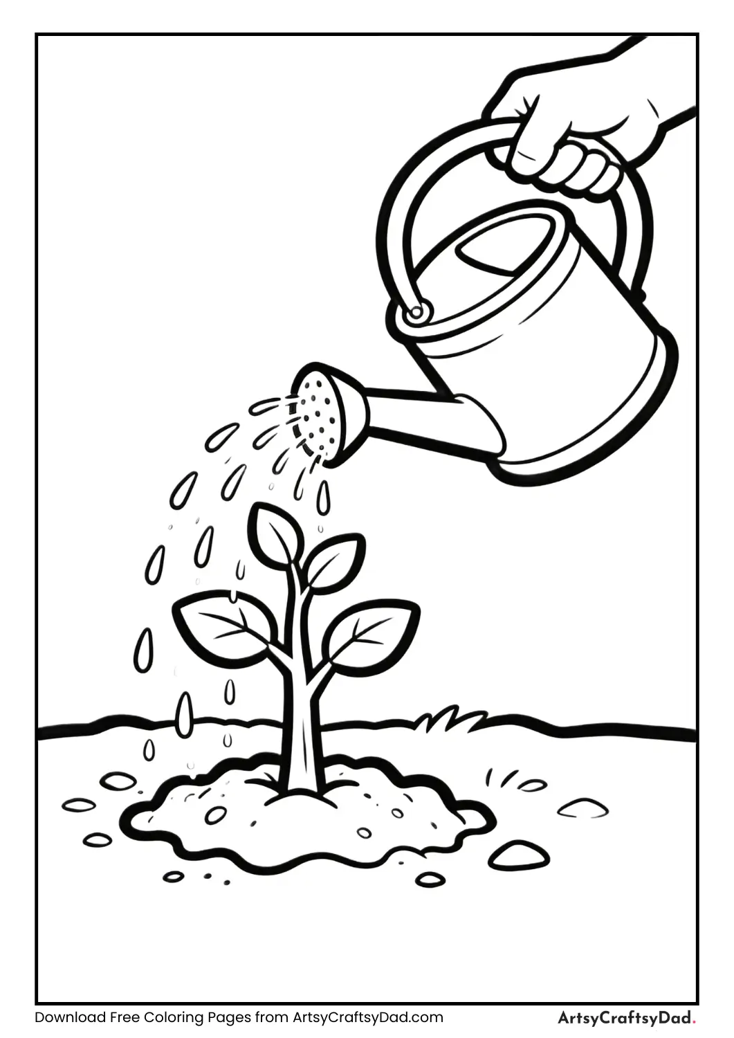 Watering can pouring water over a young tree